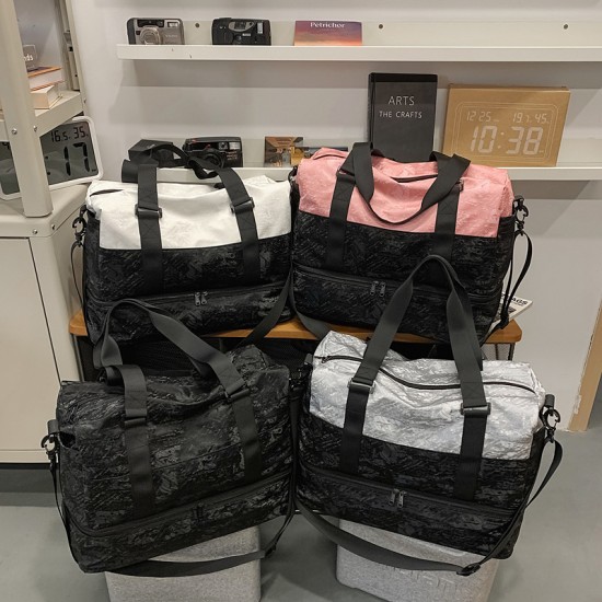 Couple's simple casual travel bag, dark-patterned carry-on luggage with shoe compartment Wet/Dry Separate Sports Bag, Trolley-Attachable