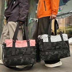 Couple's simple casual travel bag, dark-patterned carry-on luggage with shoe compartment Wet/Dry Separate Sports Bag, Trolley-Attachable