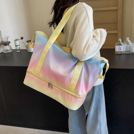 Women's fitness bags with gradient shading and large capacity. Shoe compartment travel bag, wet/dry separation, sports and fitness bag with trolley attachment